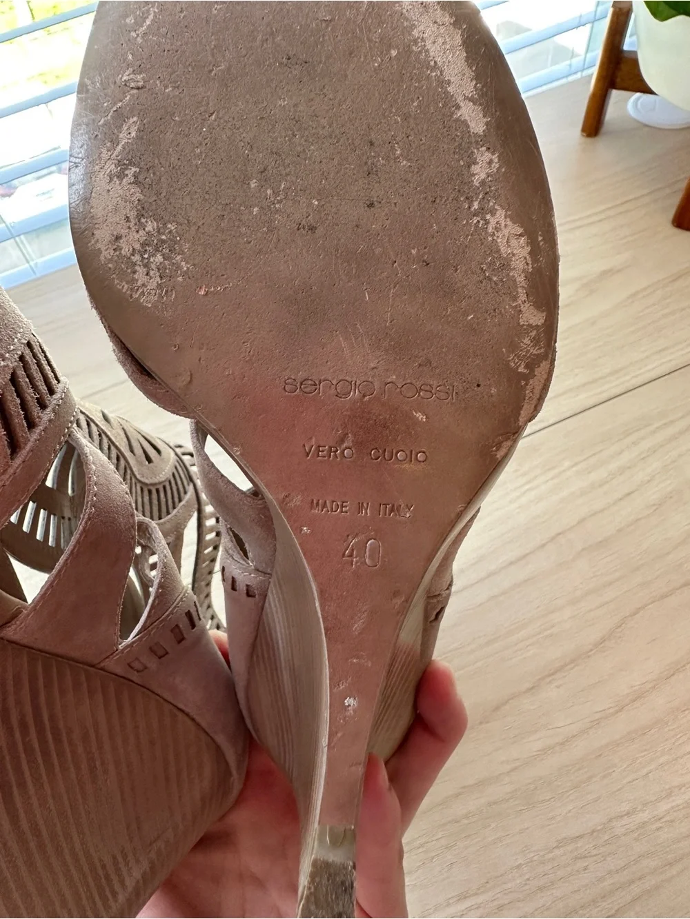 Sergio Rossi Blush Laser-Cut Peep-Toe Wedge Sandals